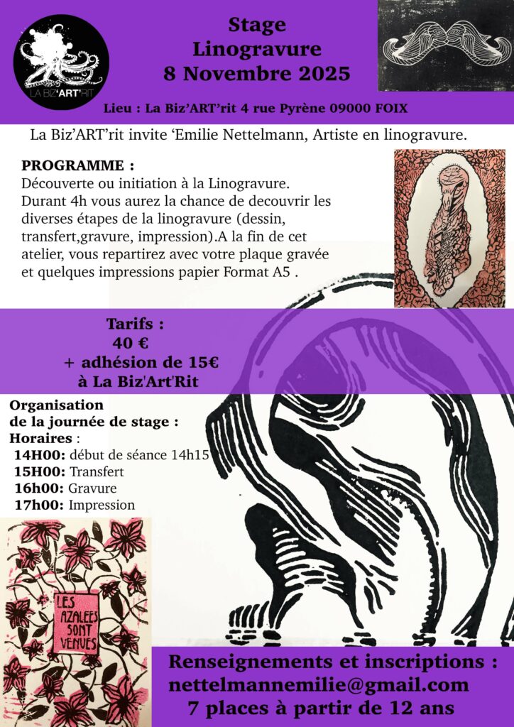 Stage de linogravure Emilie Nettelmann 8 novembre 2025